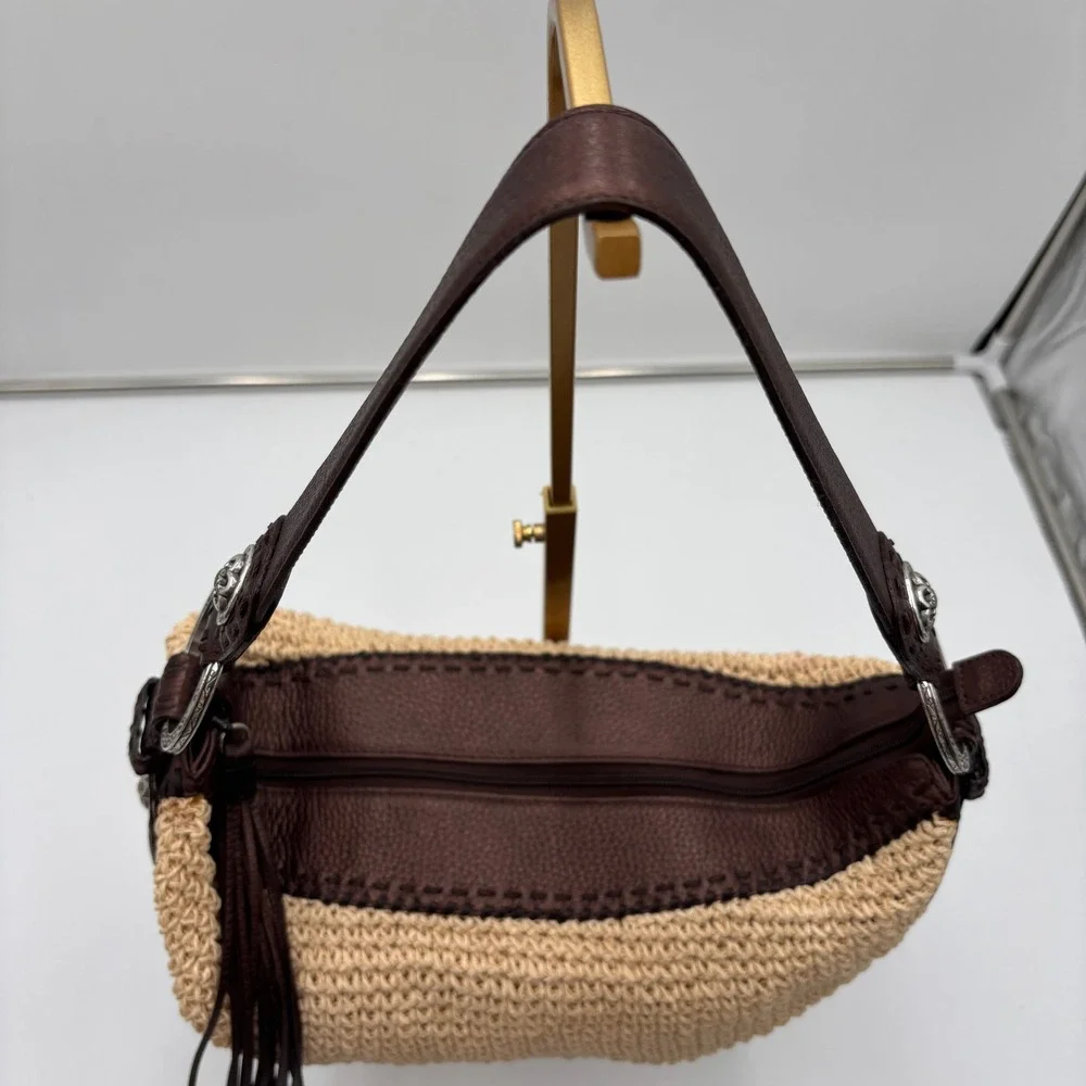 Brighton Woven Straw Leather Shoulder Bag Brown‎ Fringe Trim Boho Hobo